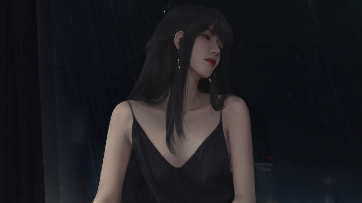 长发少女黑色吊带裙 好看的4k动漫美女壁纸3840×2160